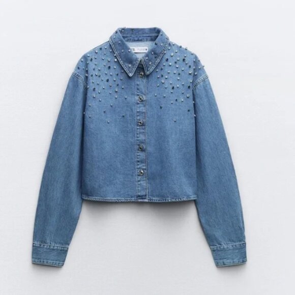 Zara Tops - Zara Cropped Denim Shirt Rhinestones Bling Jewels Button Front 100% Cotton Sz M